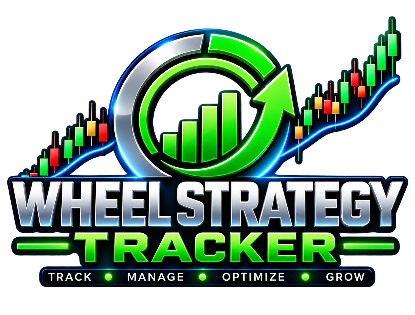 Wheel Strategy Tracker chrome and green logo with trading chart artwork